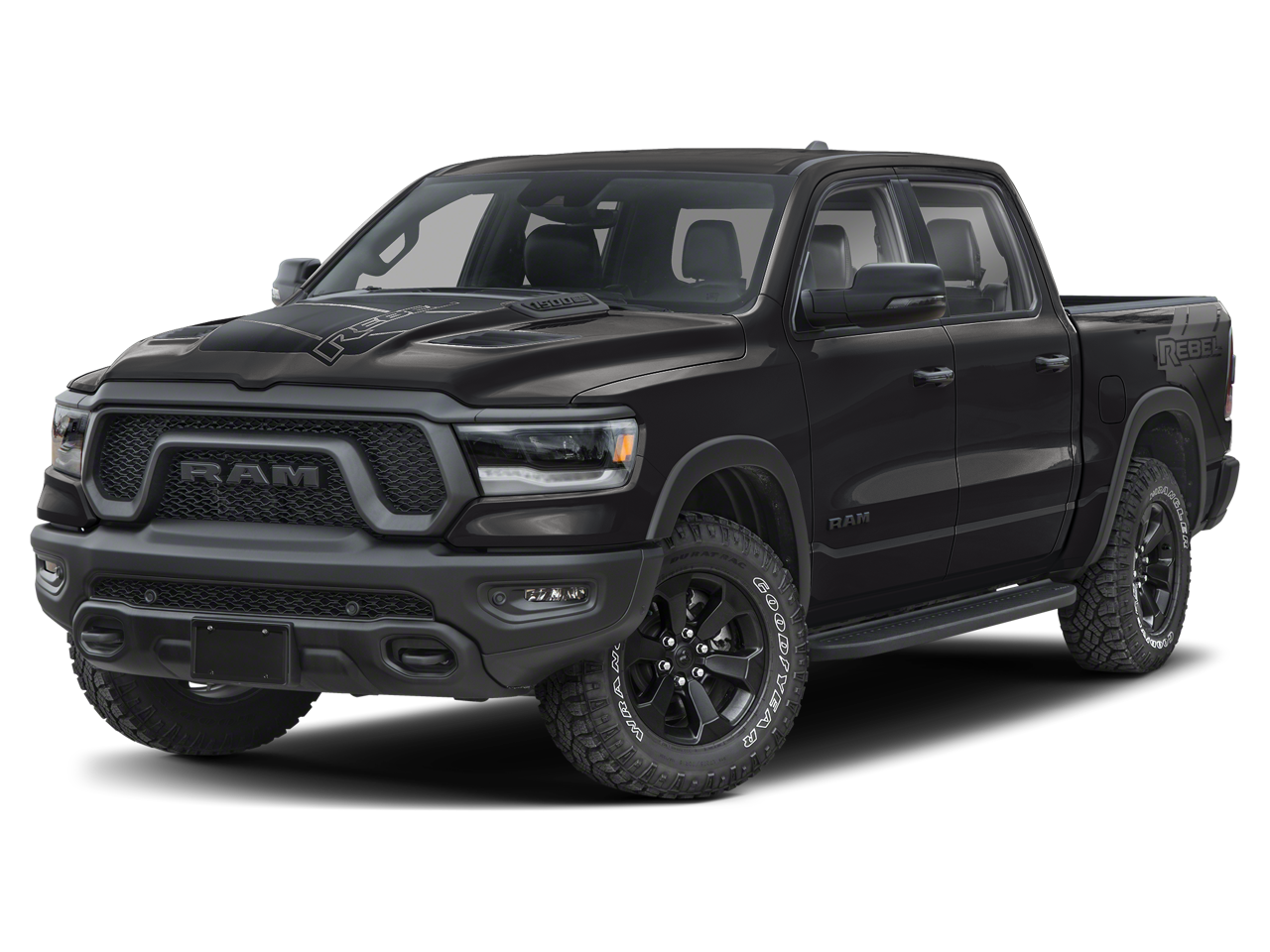 2024 RAM 1500 Rebel in Diamond Black Crystal Pearlcoat — front three-quarter view