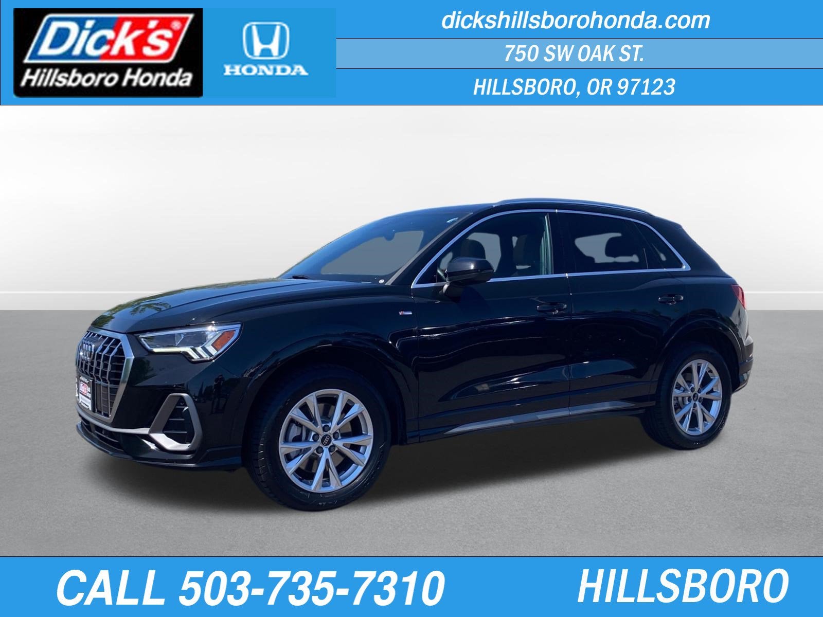2025 Audi Q3 S line Premium in Mythos Black Metallic — front three-quarter view