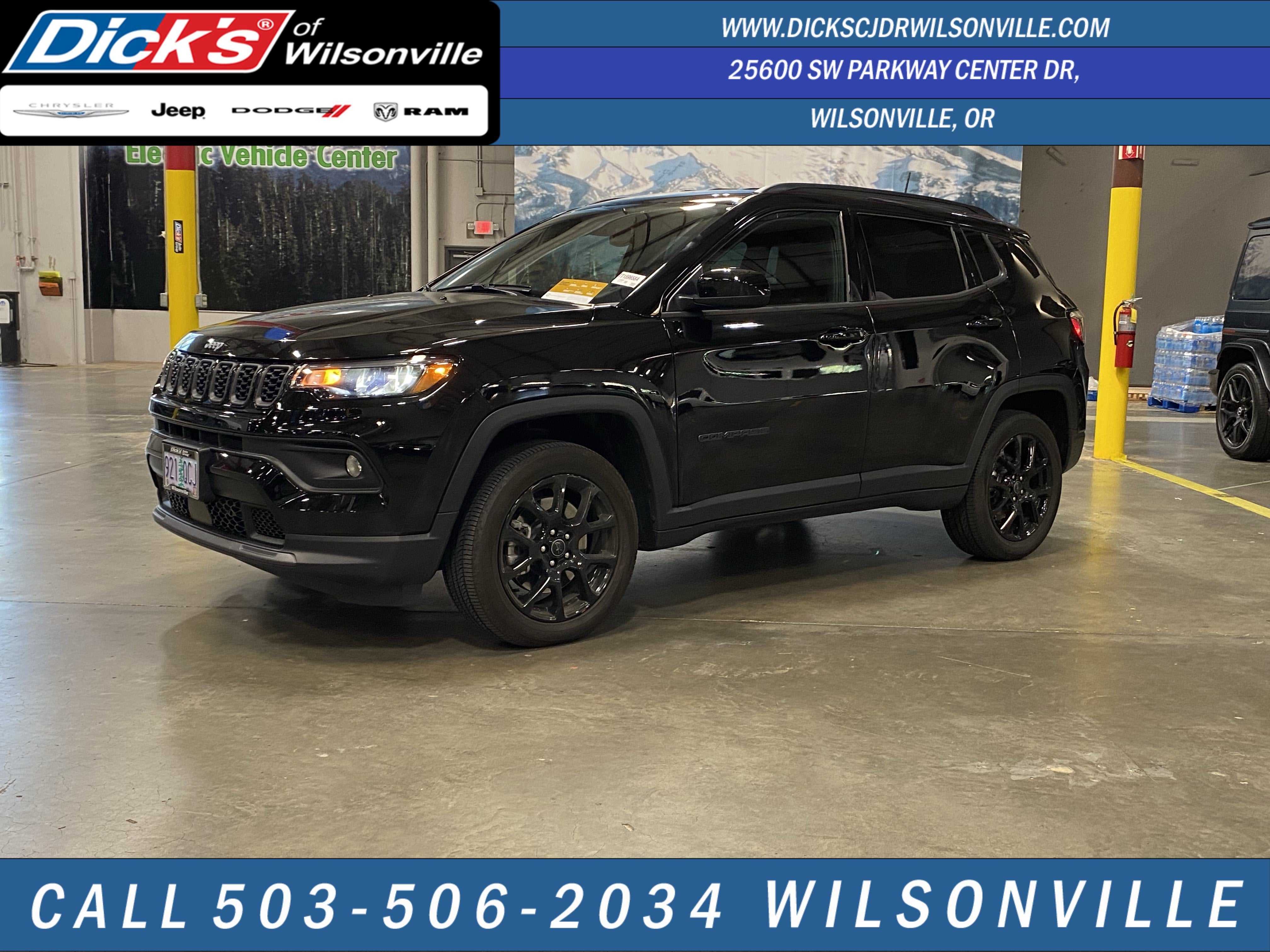 2026 Jeep Compass Latitude in Diamond Black Crystal Pearlcoat — front three-quarter view